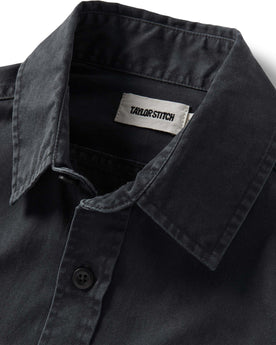 material shot of the collar on The Saddler Shirt in Washed Coal, Wovens by Taylor Stitch