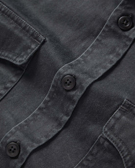 material shot of the buttons on The Saddler Shirt in Washed Coal, Wovens by Taylor Stitch