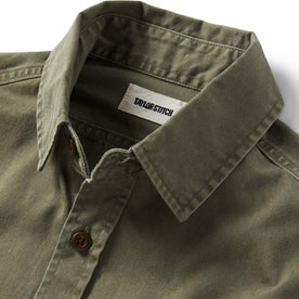 material shot of the collar on The Saddler Shirt in Washed Olive