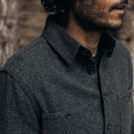fit model showing pocket detail on The Service Shirt in Olive Melange Wool