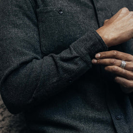 fit model showing the cuff detail on The Service Shirt in Olive Melange Wool