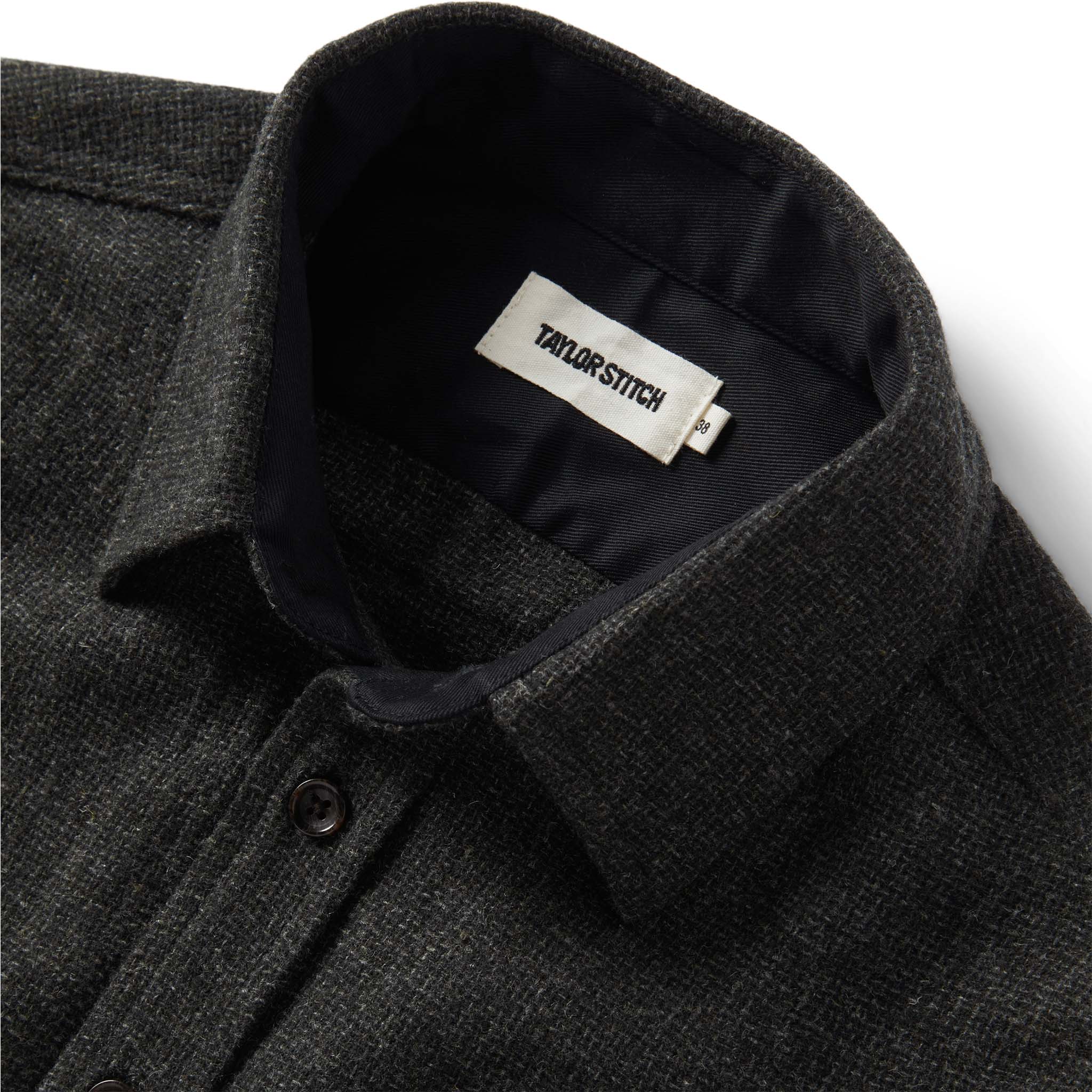 material shot of the collar on The Service Shirt in Olive Melange Wool, Wovens by Taylor Stitch