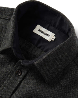 material shot of the collar on The Service Shirt in Olive Melange Wool, Wovens by Taylor Stitch