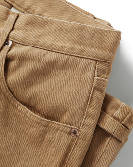 material shot of the pockets on The Slim All Day Pant in Washed Tobacco Selvage, Bottoms by Taylor Stitch