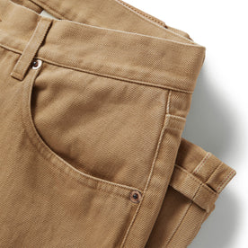 material shot of the pockets on The Slim All Day Pant in Washed Tobacco Selvage