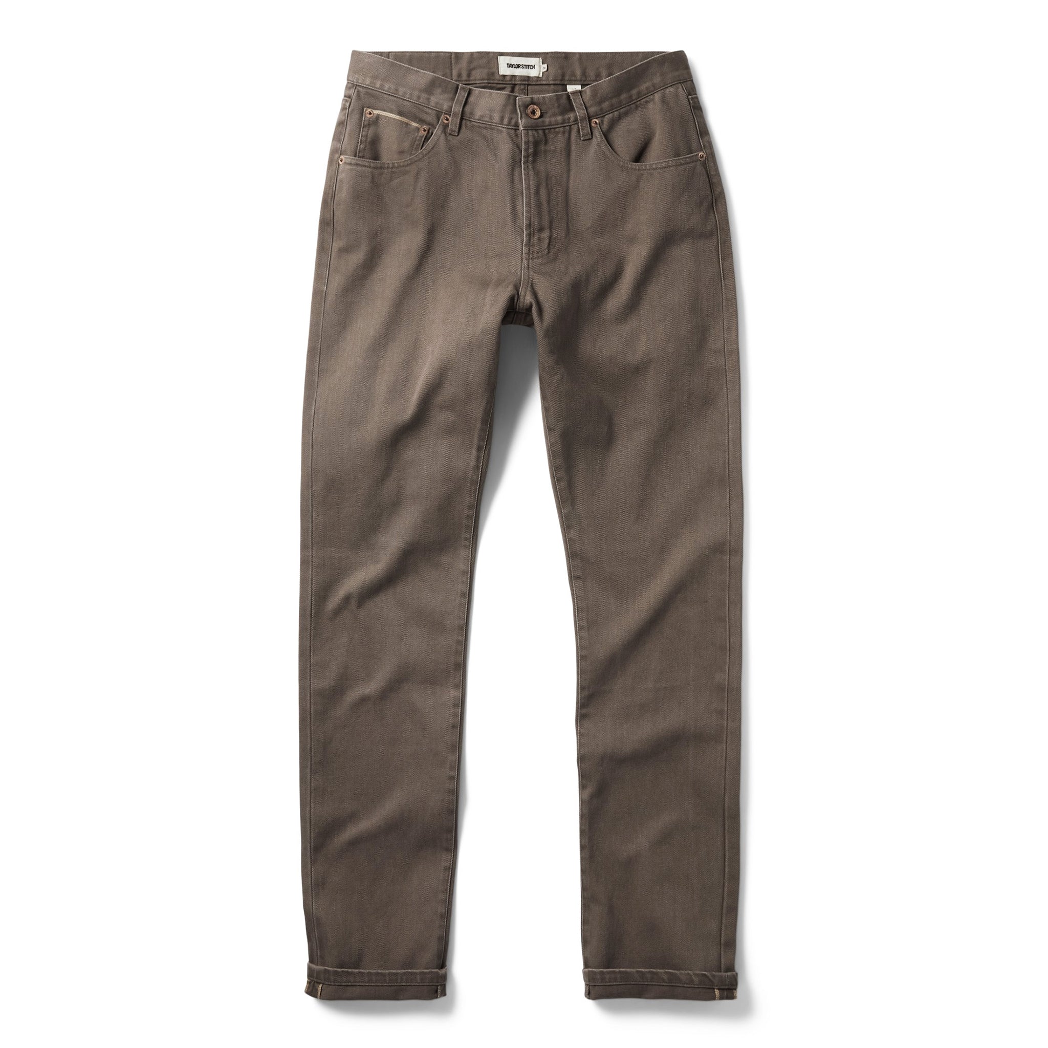flatlay of The Slim All Day Pant in Washed Walnut Selvage, Bottoms by Taylor Stitch