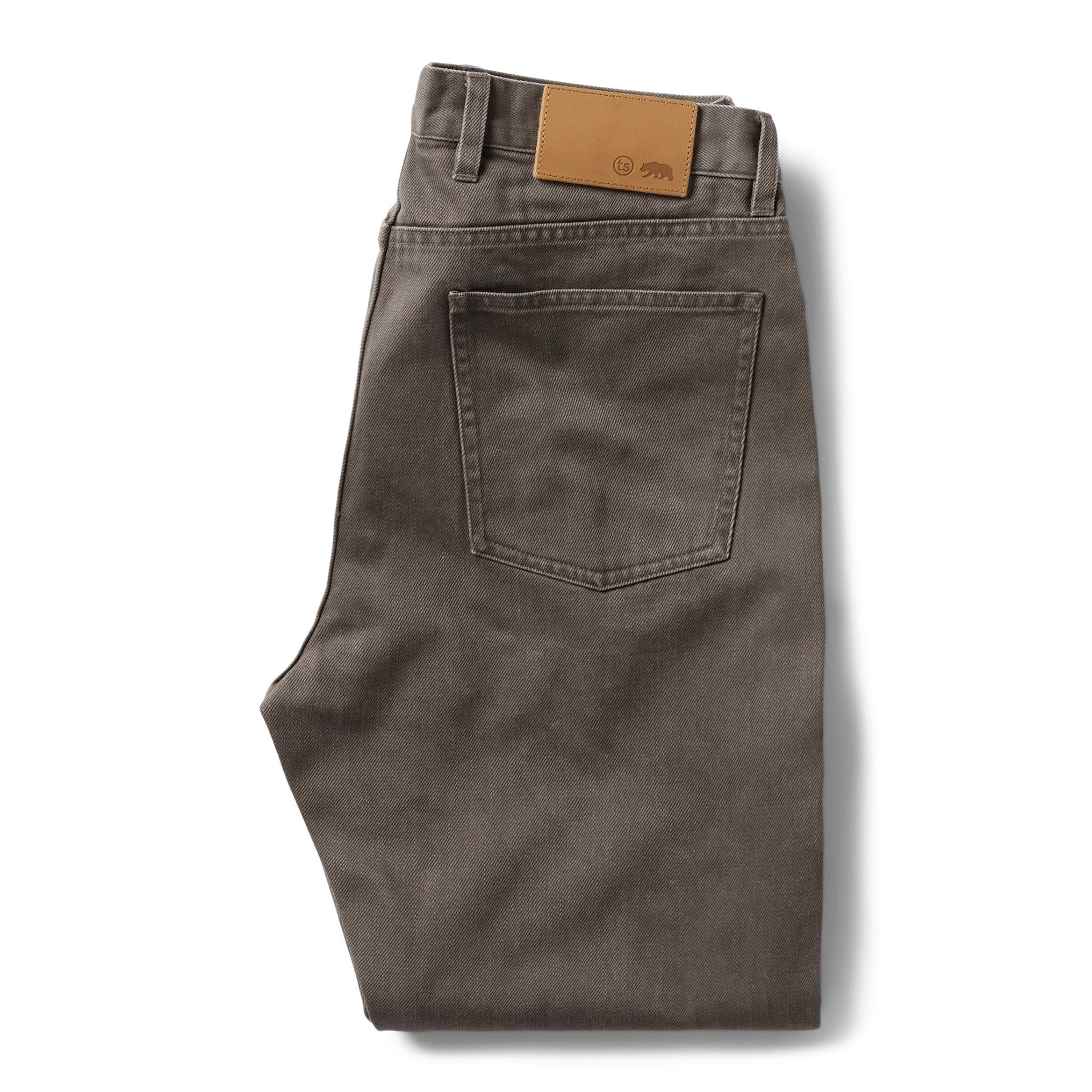 flatlay of the back of The Slim All Day Pant in Washed Walnut Selvage folded, Bottoms by Taylor Stitch