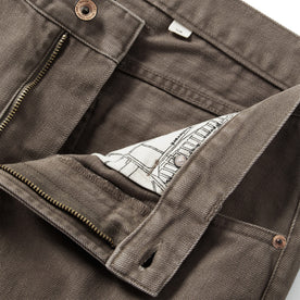 material shot of the fly on The Slim All Day Pant in Washed Walnut Selvage