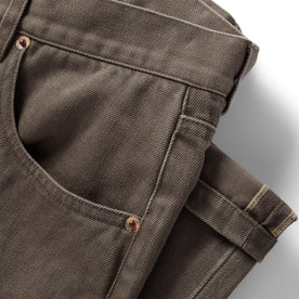 material shot of the pockets on The Slim All Day Pant in Washed Walnut Selvage