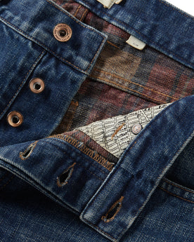 material shot of the button fly on The Slim Brushed Back Jean in Sawyer Wash Organic Selvage, Bottoms by Taylor Stitch