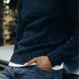 fit model with his hand in his pocket wearing The Topside Sweater in Navy Donegal