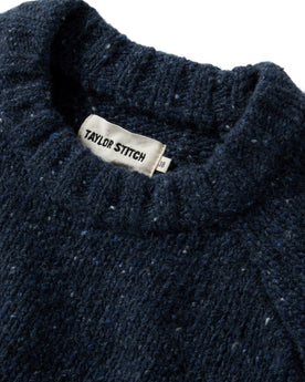 material shot of the collar on The Topside Sweater in Navy Donegal, Knits by Taylor Stitch