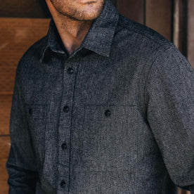fit model showing off pockets on The Utility Shirt in Ash Jaspe