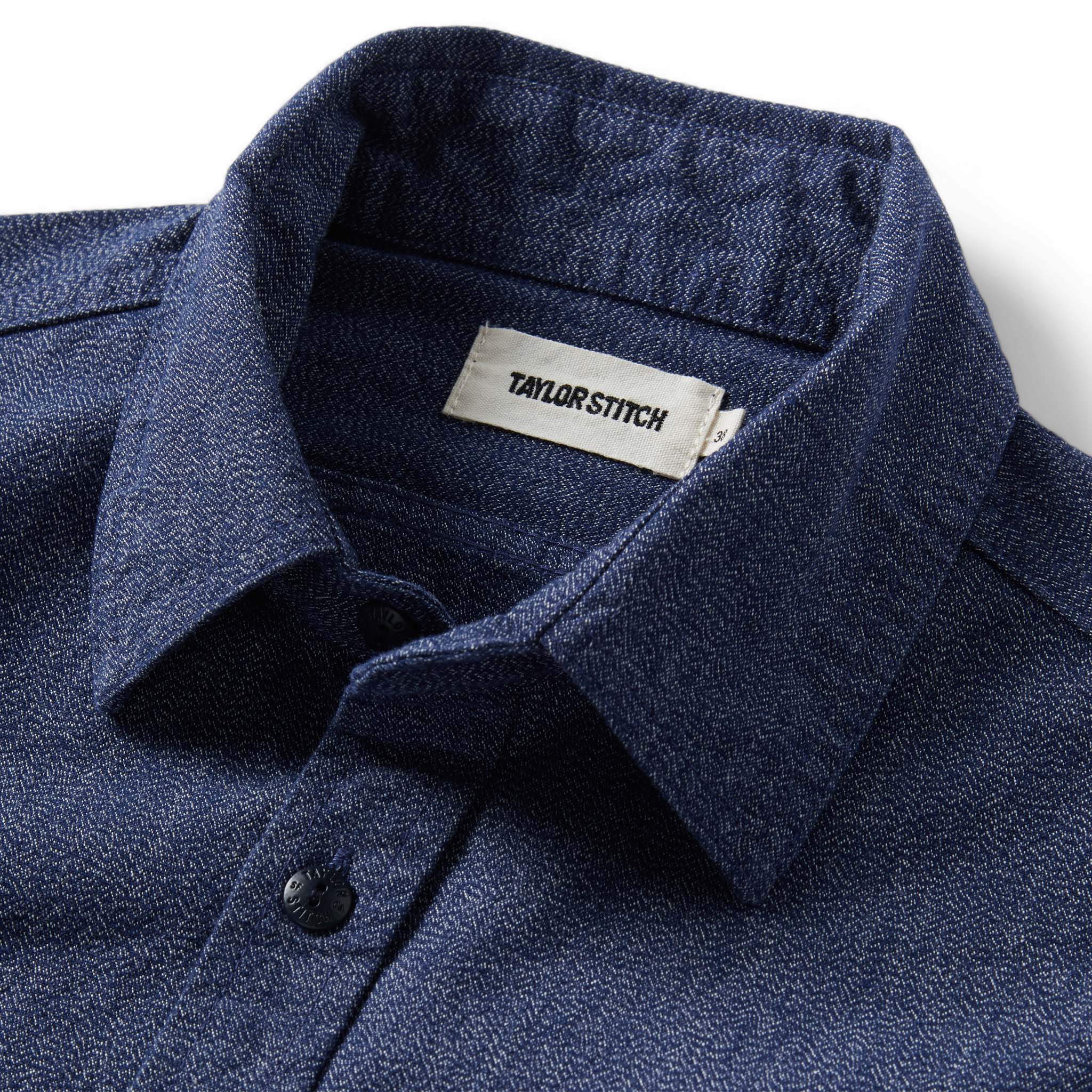 material shot of the collar of The Utility Shirt in Navy Jaspe, Wovens by Taylor Stitch