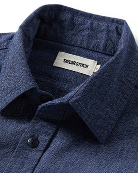 material shot of the collar of The Utility Shirt in Navy Jaspe, Wovens by Taylor Stitch