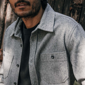 fit model showing the pocket detailing on The Utility Shirt in Ash Donegal Wool