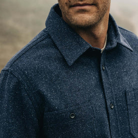 fit model showing collar detail on The Utility Shirt in Navy Donegal Wool