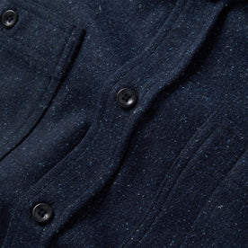 material shot of the buttons on The Utility Shirt in Navy Donegal Wool