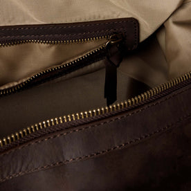 material shot of the interior zipper pocket in The Weekender Duffle Bag in Espresso