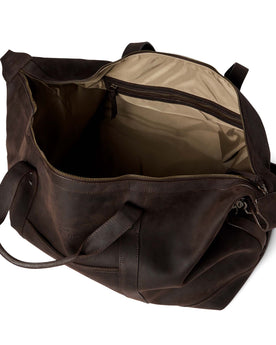 flatlay of The Weekender Duffle Bag in Espresso, shown open, Accessories by Taylor Stitch