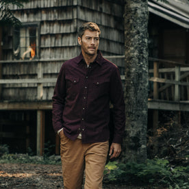 fit model wearing The Western Shirt in Nutmeg Donegal, Wovens by Taylor Stitch