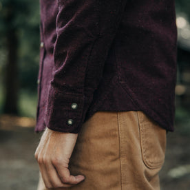 fit model showing the side of The Western Shirt in Nutmeg Donegal, Wovens by Taylor Stitch