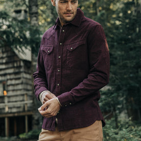 fit model showing the front of The Western Shirt in Nutmeg Donegal, Wovens by Taylor Stitch