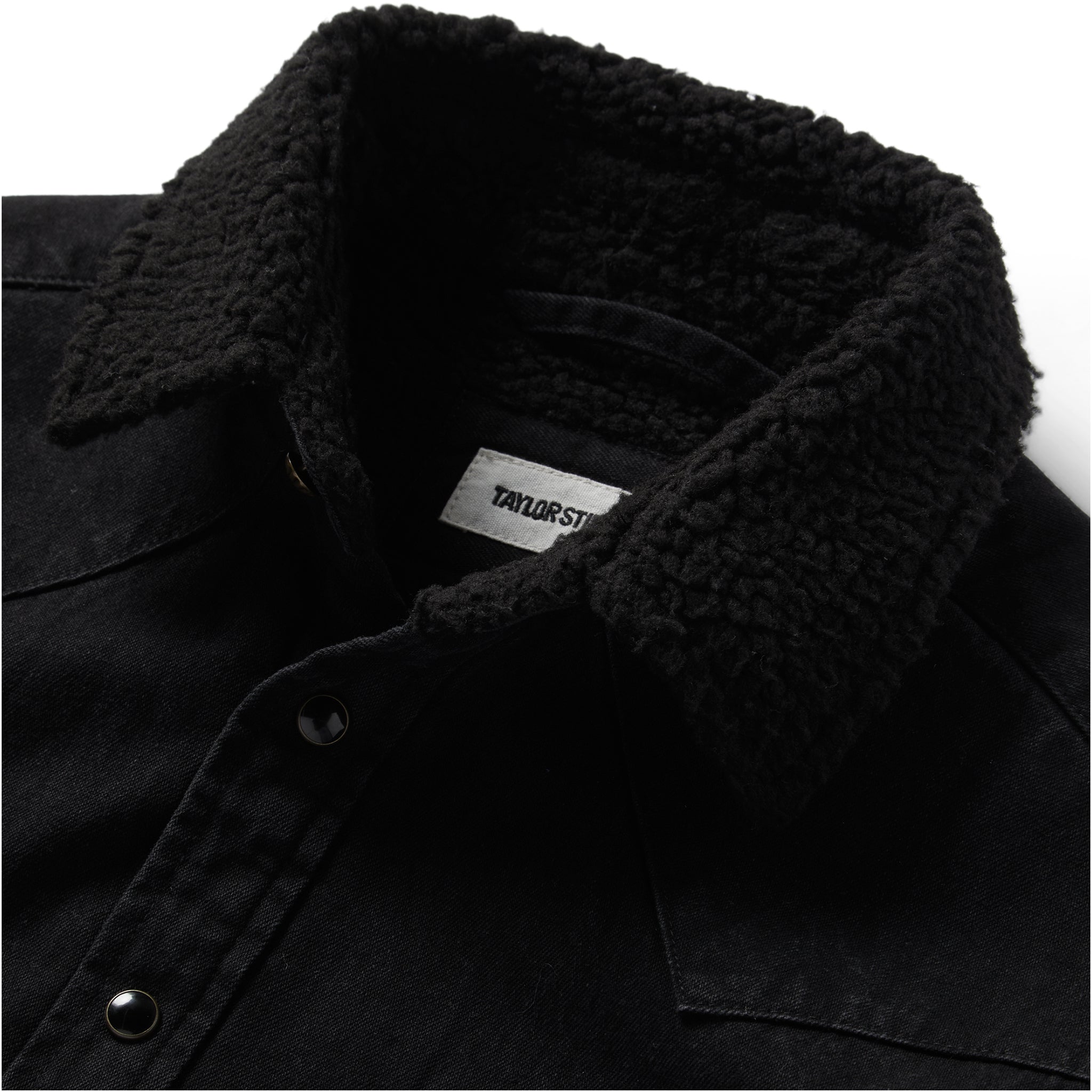 material shot of the collar on The Western Shirt Jacket in Washed Coal, Wovens by Taylor Stitch