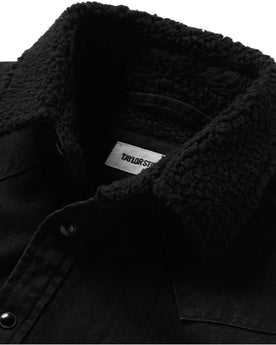 material shot of the collar on The Western Shirt Jacket in Washed Coal, Wovens by Taylor Stitch