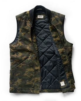 flatlay of The Workhorse Vest in Camo Boss Duck open, Outerwear by Taylor Stitch