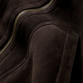 material shot of the pocket and zipper on The Wright Jacket in Espresso Shearling