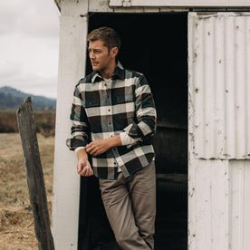 fit model adjusting his sleeves in The Yosemite Shirt in Evergreen Check