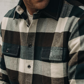 fit model showing the front of The Yosemite Shirt in Evergreen Check