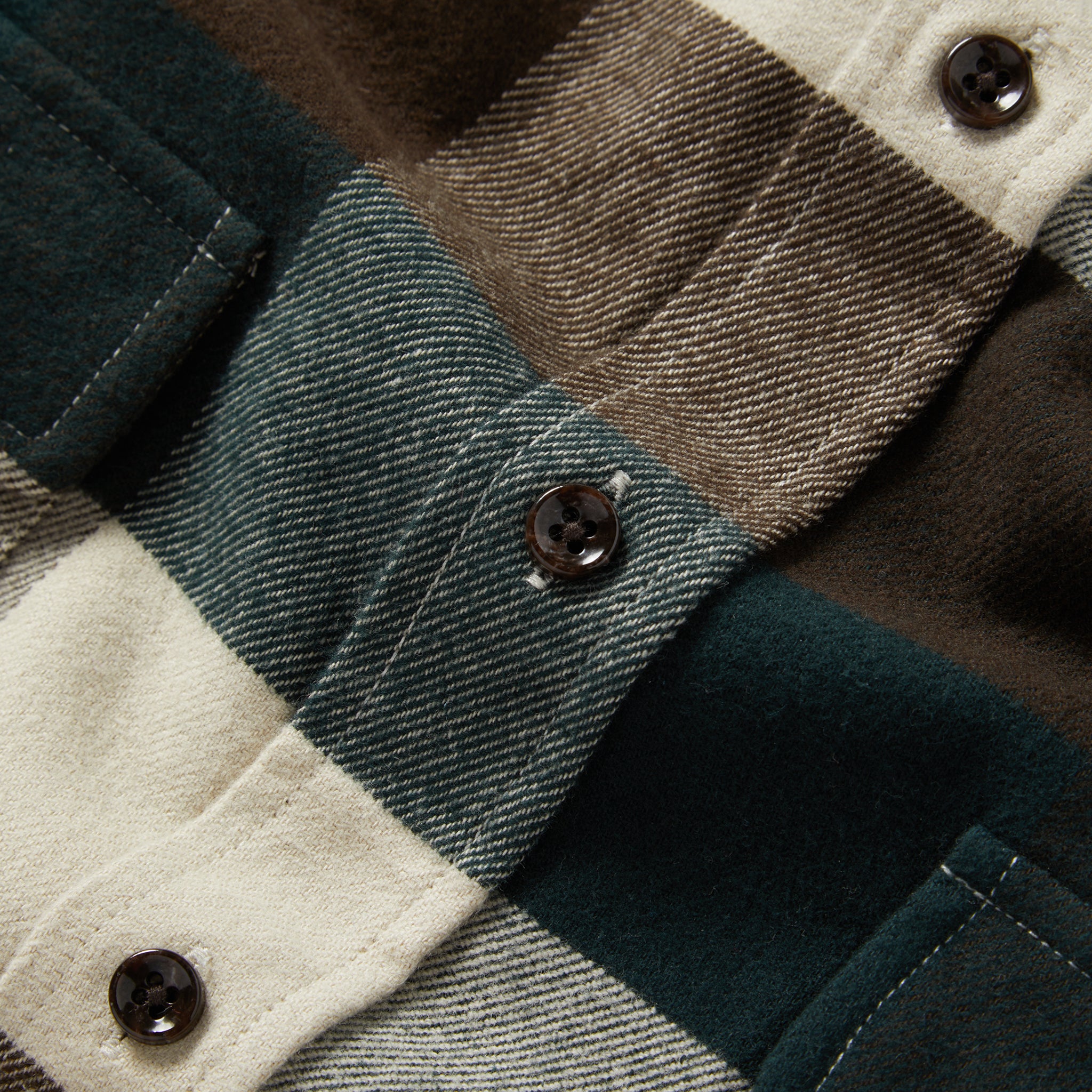 material shot of the buttons on The Yosemite Shirt in Evergreen Check, Wovens by Taylor Stitch