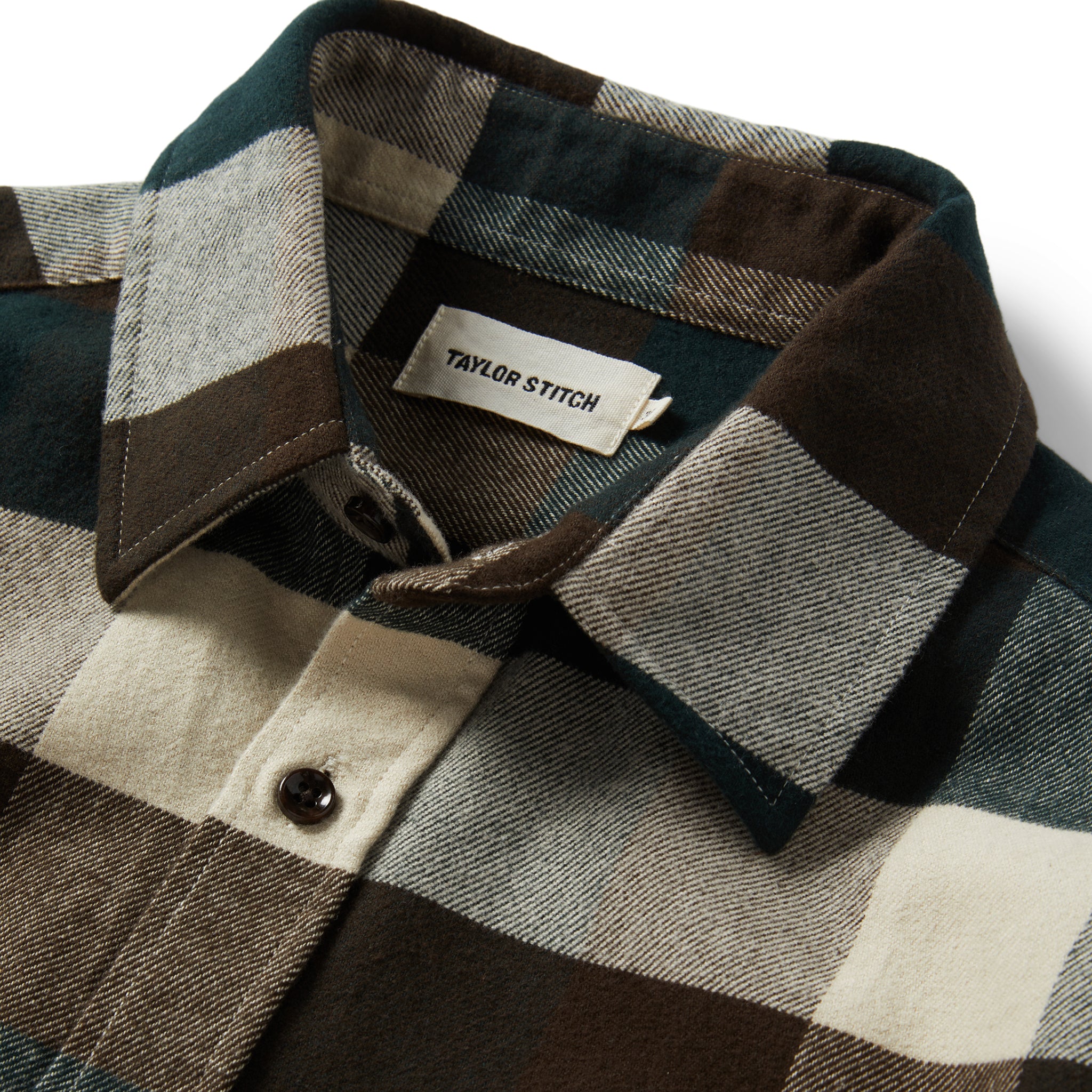material shot of the collar on The Yosemite Shirt in Evergreen Check, Wovens by Taylor Stitch