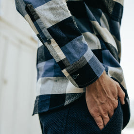 fit model showing the side of The Yosemite Shirt in Icicle Check