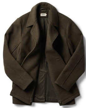 flatlay of The Mariner Coat in Army Melton Wool, shown open, Outerwear by Taylor Stitch