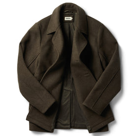 flatlay of The Mariner Coat in Army Melton Wool, shown open