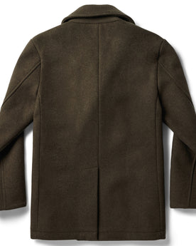 flatlay of The Mariner Coat in Army Melton Wool, shown from the back, Outerwear by Taylor Stitch