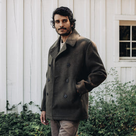 fit model wearing The Mariner Coat in Army Melton Wool