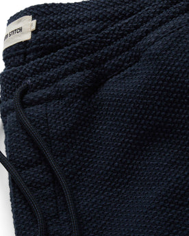 material shot of the drawstring and band of The Apres Pant in Navy Sashiko, Bottoms by Taylor Stitch