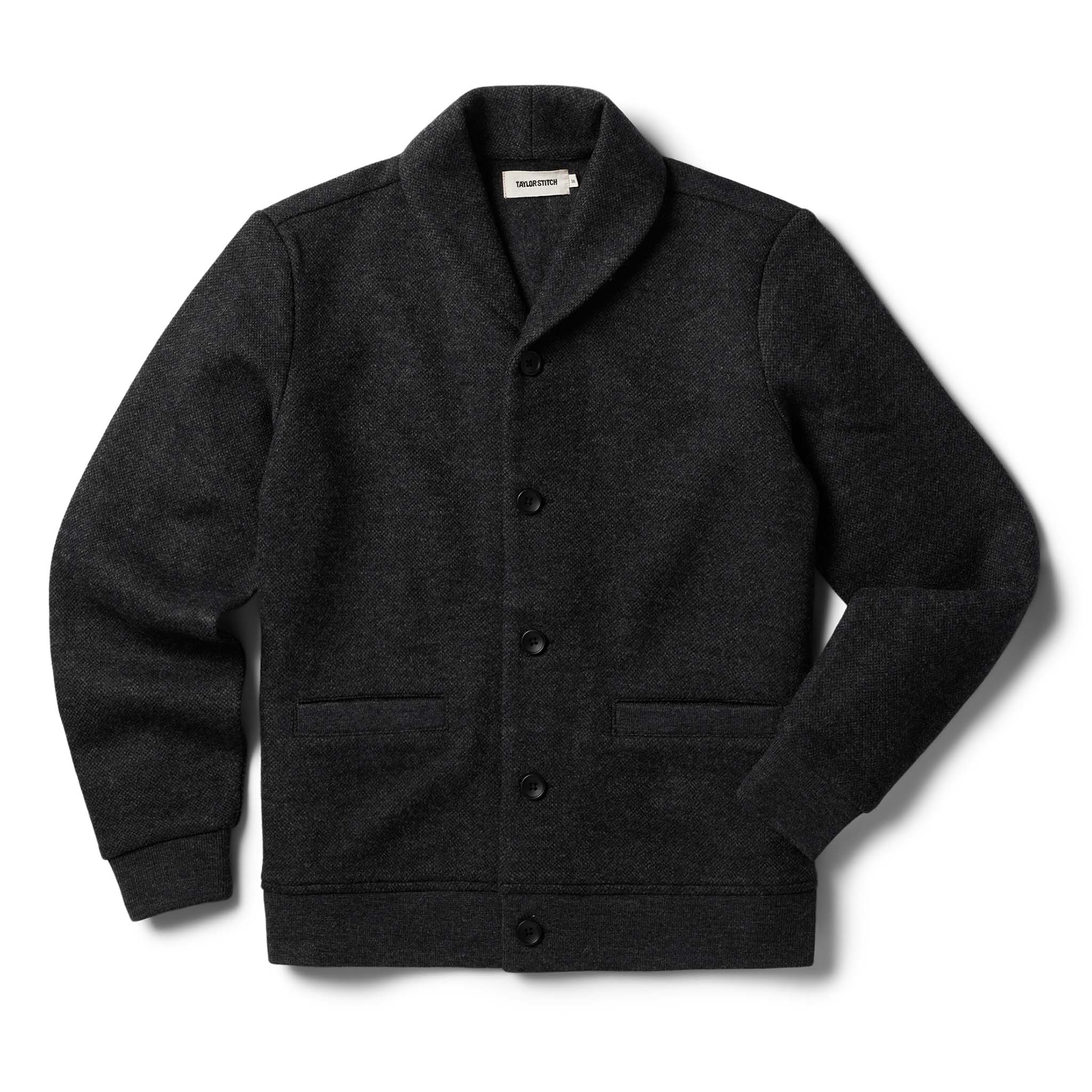 flatlay of The Weekend Cardigan in Charcoal Herringbone Wool, Knits by Taylor Stitch
