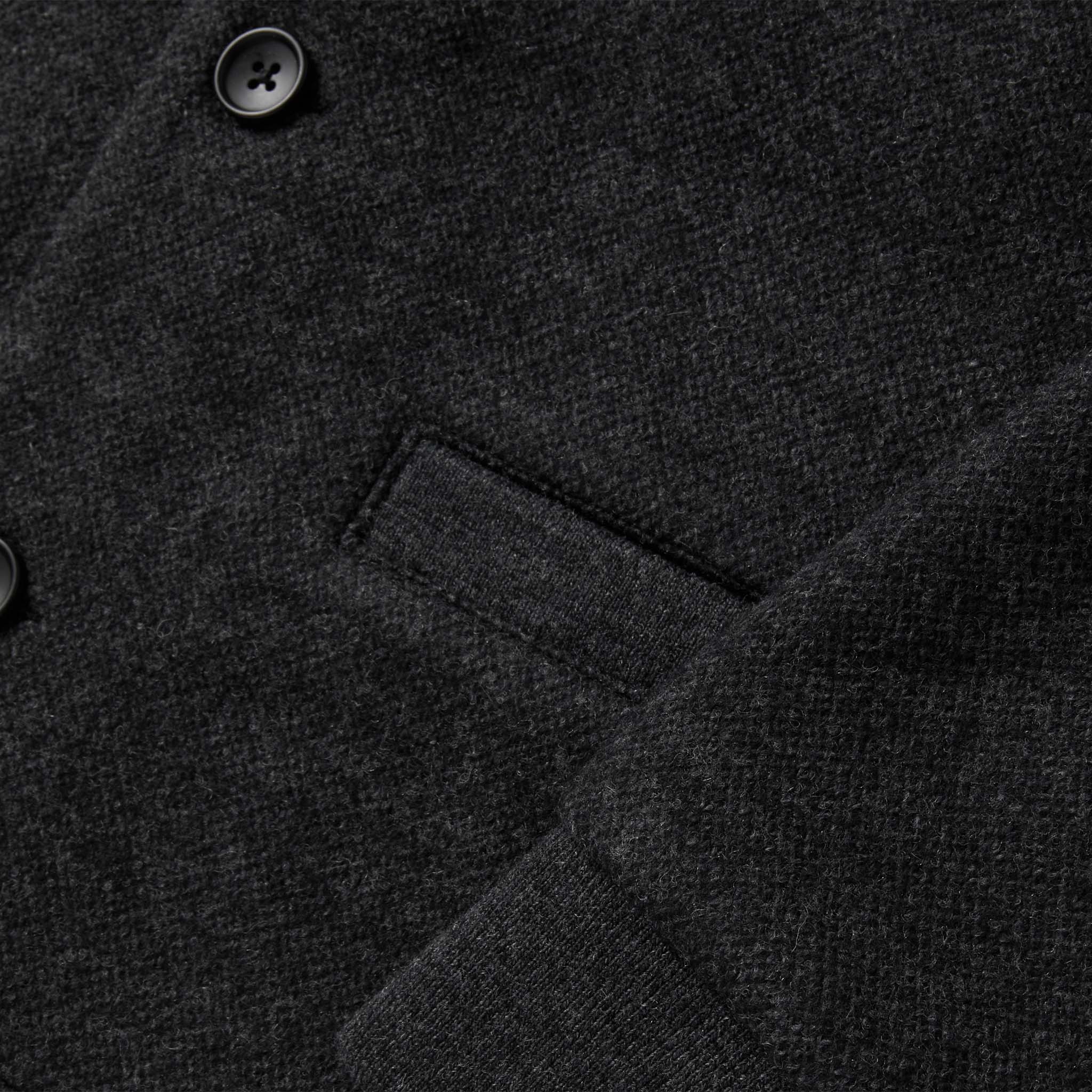 material shot of the pocket and sleeve on The Weekend Cardigan in Charcoal Herringbone Wool, Knits by Taylor Stitch