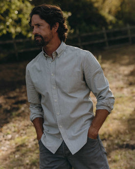 fit model walking in The Jack in Coal Jaspe University Stripe Oxford, Wovens by Taylor Stitch