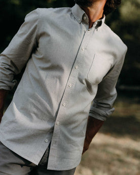 fit model showing off cuffs on The Jack in Coal Jaspe University Stripe Oxford, Wovens by Taylor Stitch