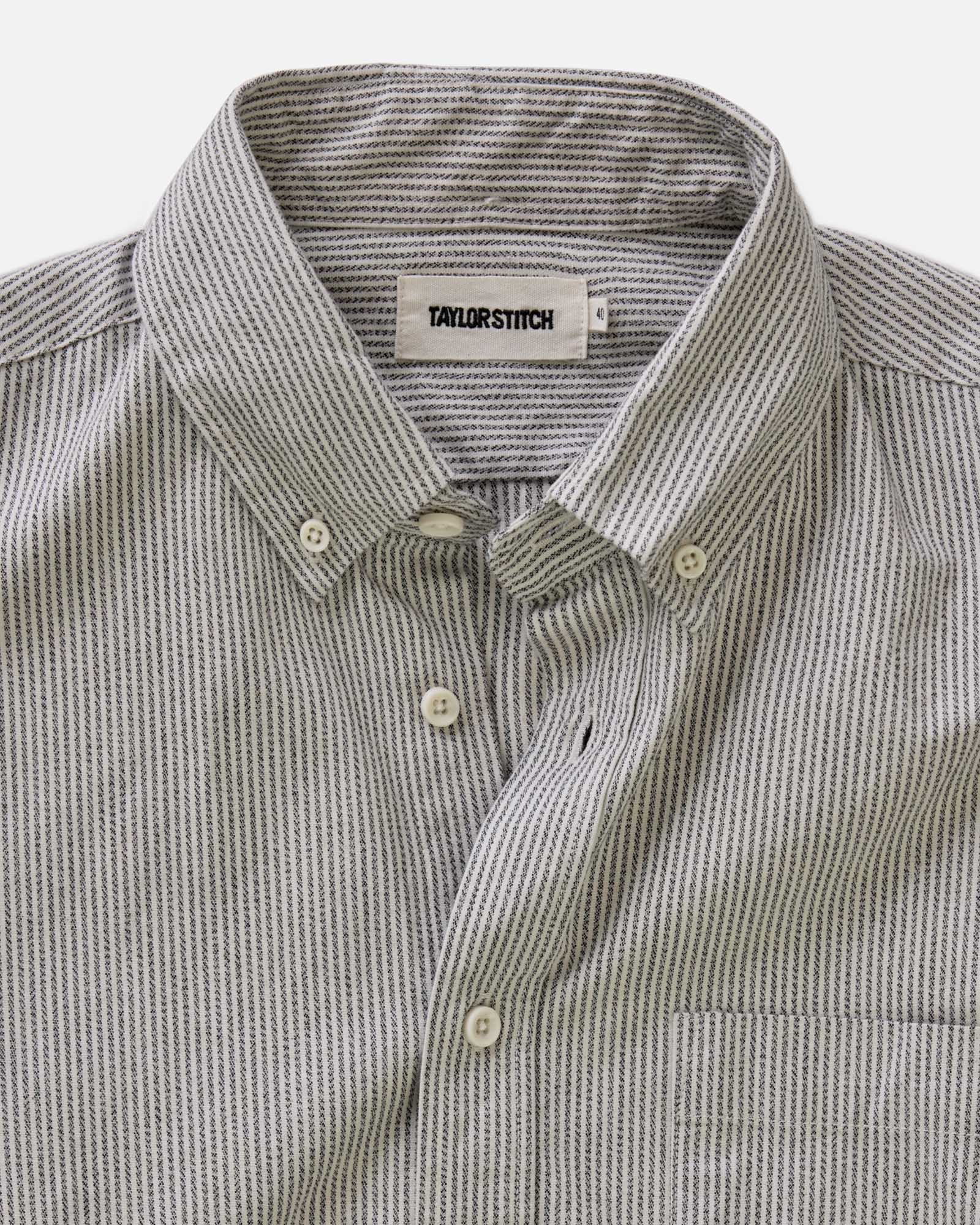 material shot of the collar on The Jack in Coal Jaspe University Stripe Oxford, Wovens by Taylor Stitch