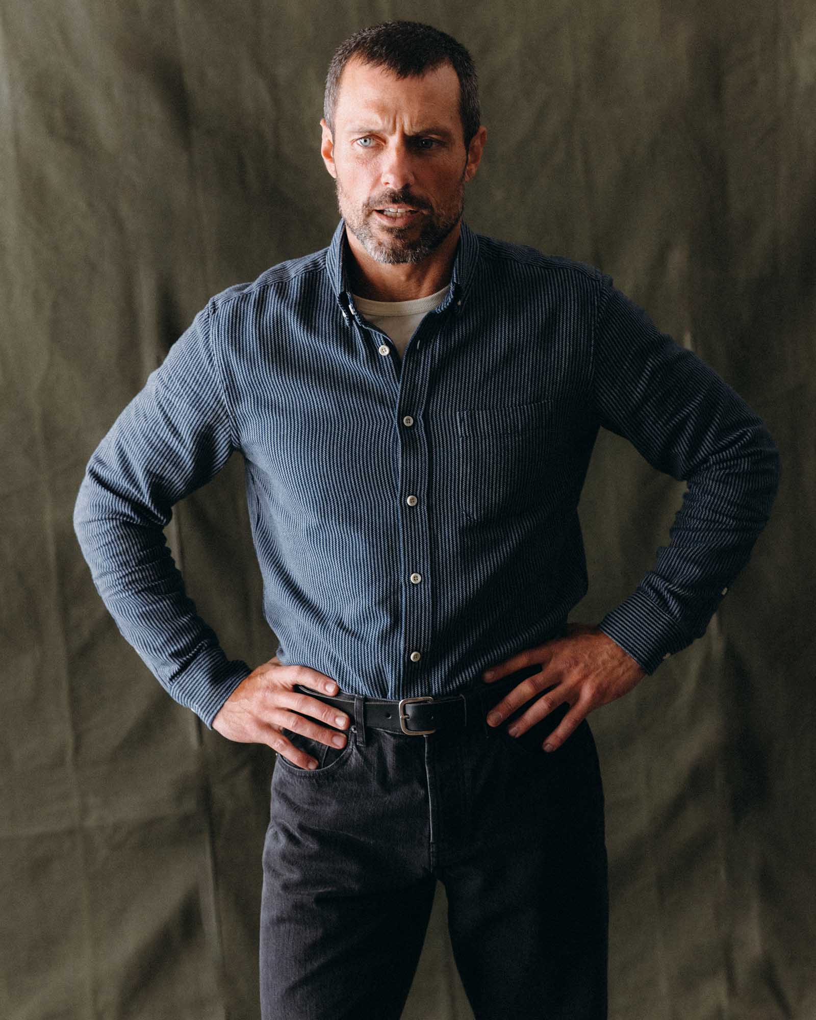 fit model sitting in The Jack in Roped Indigo, Wovens by Taylor Stitch