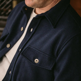 our fit model wearing The Explorer Shirt in Navy Boiled Wool