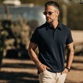our fit model wearing The Heavy Bag Polo in Navy