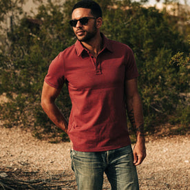 our fit model wearing The Heavy Bag Polo in Red Stripe